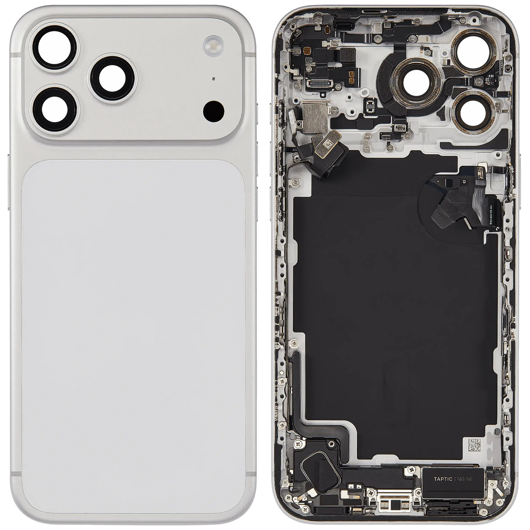 Back Housing W/ Charging Port Flex & Small Parts Compatible For iPhone 17 Pro Max (US Version) (Used OEM Pull: Grade A) (Silver)