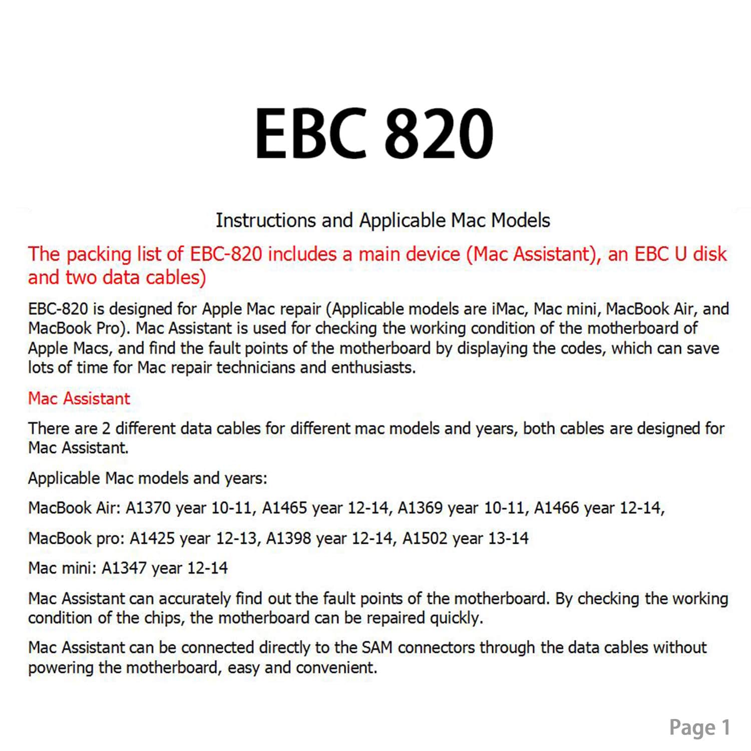 MACBOOK MOTHERBOARD DIAGNOSE TOOL & SERIAL NUMBER TOOL EBC 820