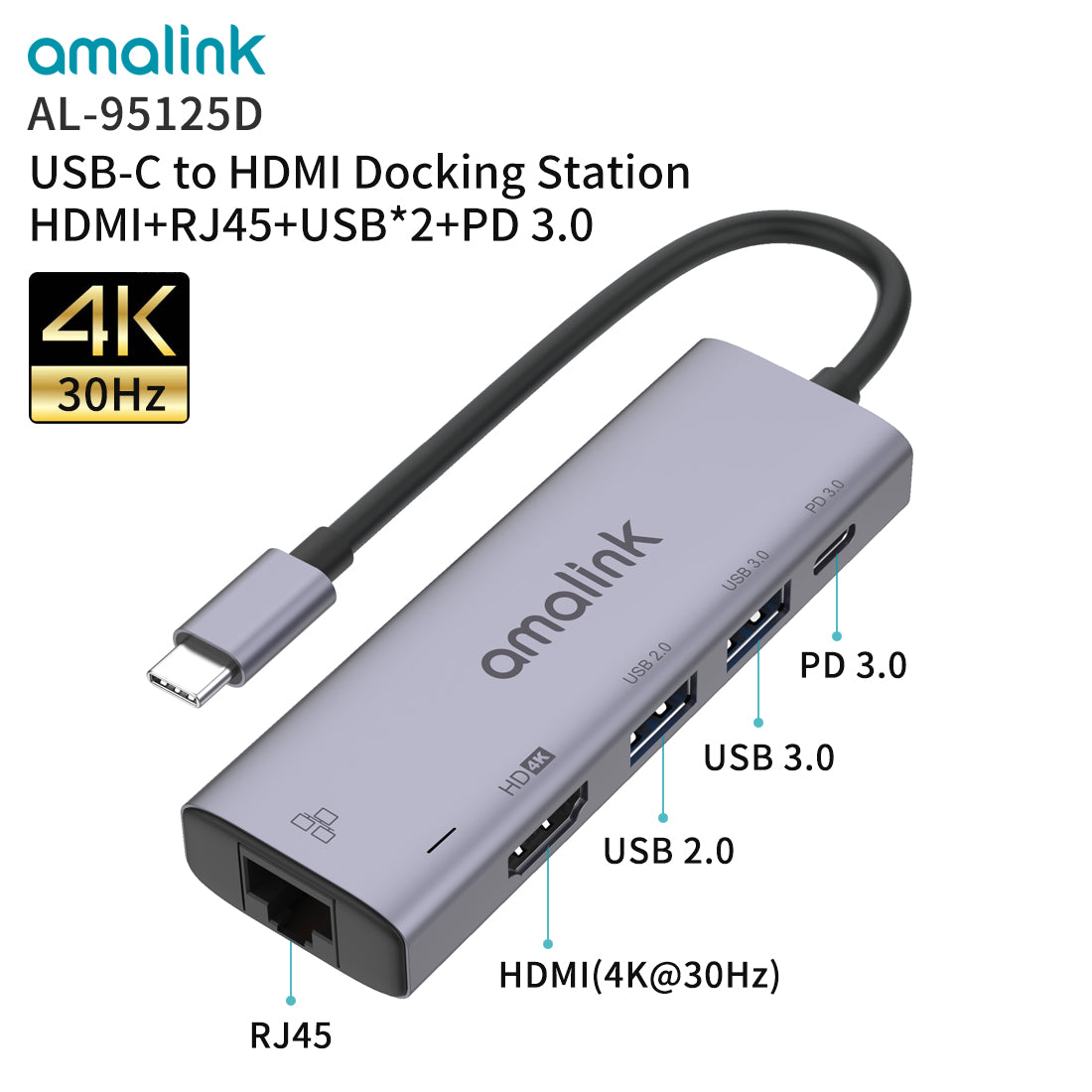Docking Station USB Type C To HDMI & RJ45 Compatible Adapter With Multi USB Ports (95125D) PD 3.0 For Laptop